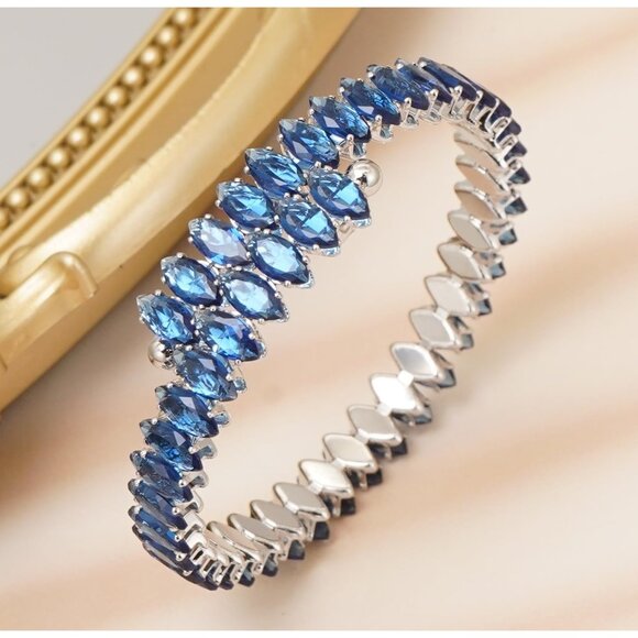Blue Cubic Zirconia Tennis Bracelets Open Adjustable Elastic Bangle for Women - Picture 4 of 7